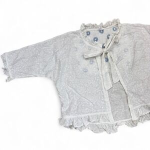 Kilol White Floral Ruffle Hem Open Cardigan 3/4 Sleeve Bow Cottage Feminine‎ L